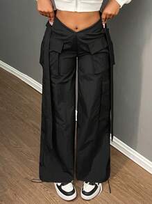 Slaydiva 2024 Herfst/Winter Nieuwe Aankomst Casual Streetwear Cargo Broek, V-vormige Tailleband Met Dubbele Zakken Wijde Broek