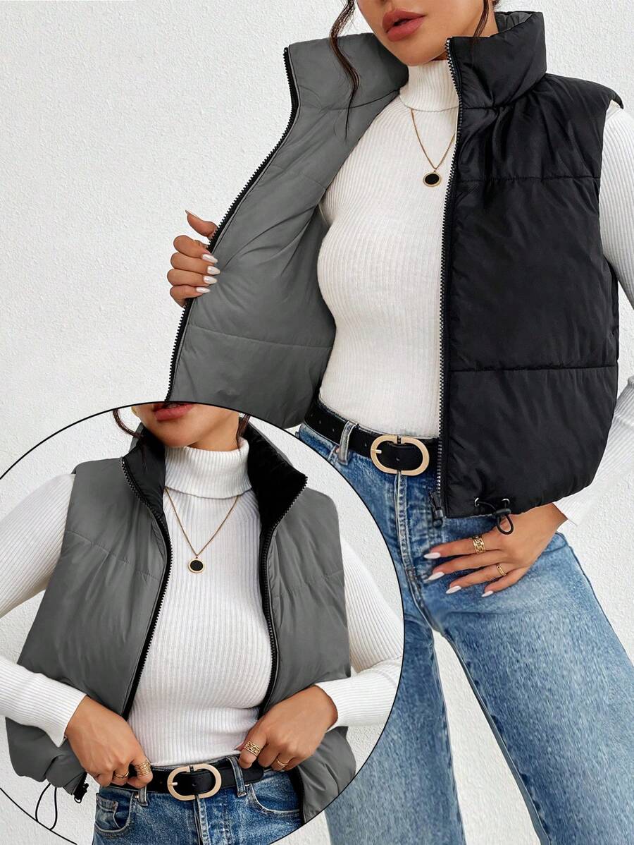 SHEIN Frenchy Women's Solid Color Zip Up Front Sleeveless Casual Padded Coat In Fall/Winter - Grey - View 1