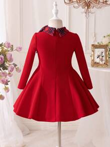 SHEIN Young Girl Solid Color Knitted Round Neck Plaid Patchwork Dress, For Christmas - Red - View 2