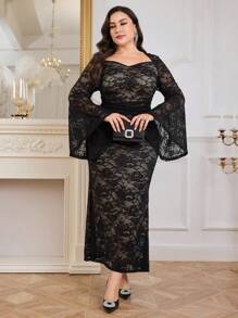Modelyn Plus Size Elegant Lace Sweetheart Neck Flared Sleeve Cinched Waist Dress, Autumn Long Evening Dresses
