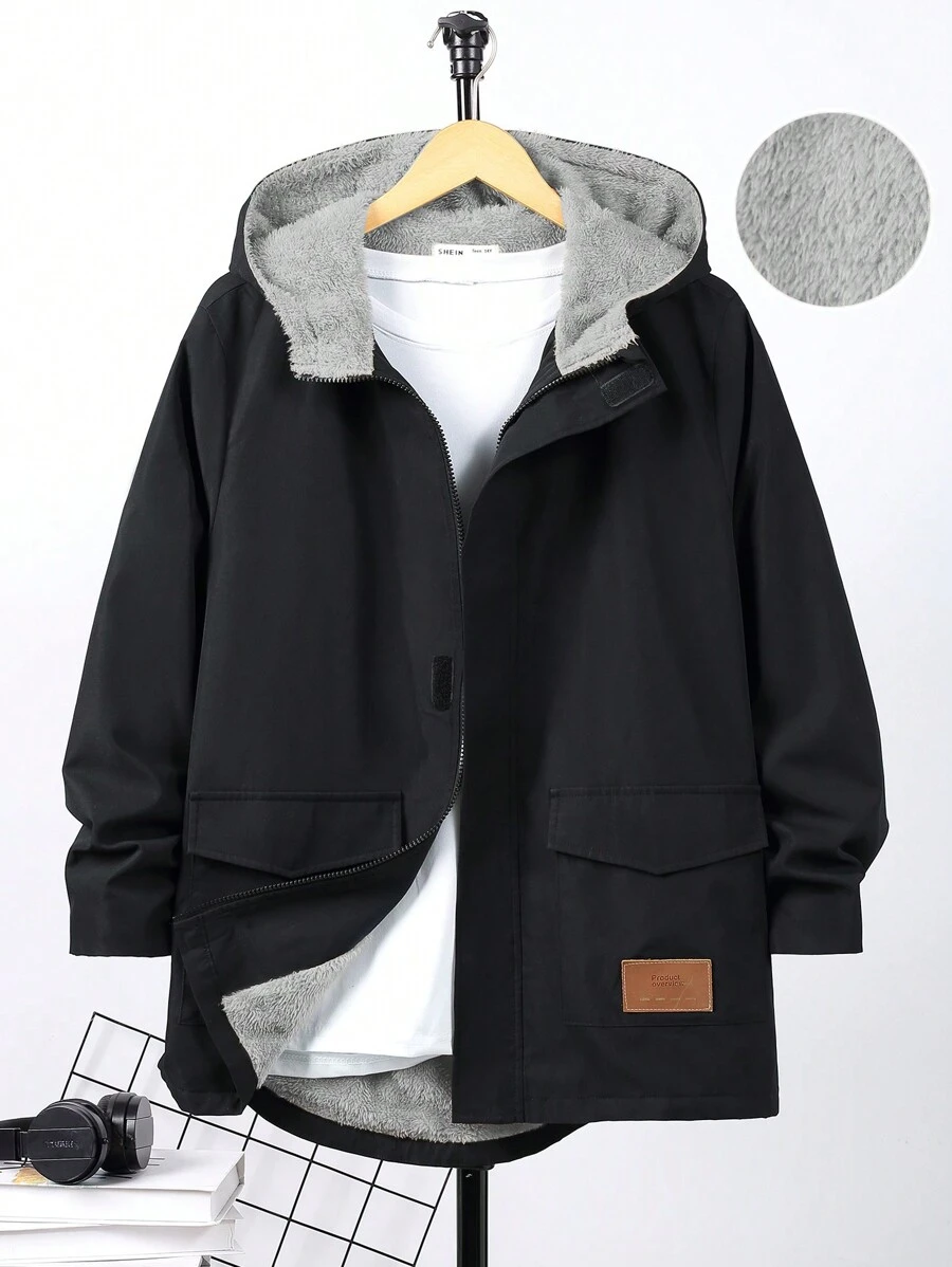 SHEIN Leap Crew 1 件青少年男童休闲百搭舒适长款宽松保暖内衬连帽衫带贴片，适合秋冬季户外穿着 - 黑色 - 查看 1