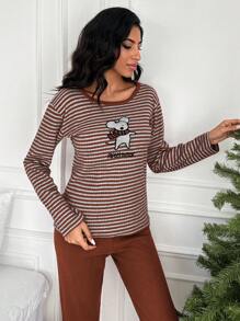 EURMUSE 100%Cotton Striped & Cartoon Graphic PJ Set - Coral Orange - View 4