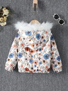 年轻女孩花卉印花长袖保暖衬里拼接毛绒连帽宽松夹克，适合日常休闲穿着、户外活动、秋冬季 - 彩色 - 查看 2