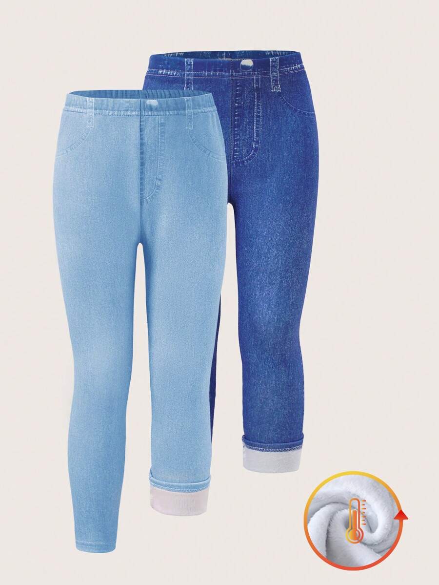 2pcs/Set Young Girl Casual Cool Denim Effect Knitted Thermal Lined Leggings In Black & Blue - Multicolor - View 1