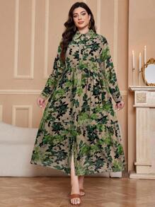 Al Najma Plus Size Women Botanical Print Long Sleeve Single Breasted Dress, Arabic Clothing, Casual,Modest For Casual Daily/Travel/Holiday/Vacation/Homewear, Maxi Length Plus Size Arabian Wear