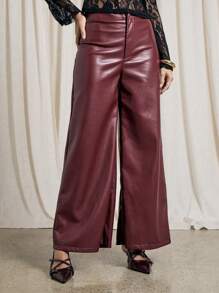 AiiRZ Pantaloni largi din piele ecologică Palazzo, eleganți și luxoși, cu talie înaltă, pentru petrecere, seară, iarnă, toamnă, la modă, pantaloni lungi, pentru birou, cadou de sărbători - roșu - Vizualizare 1
