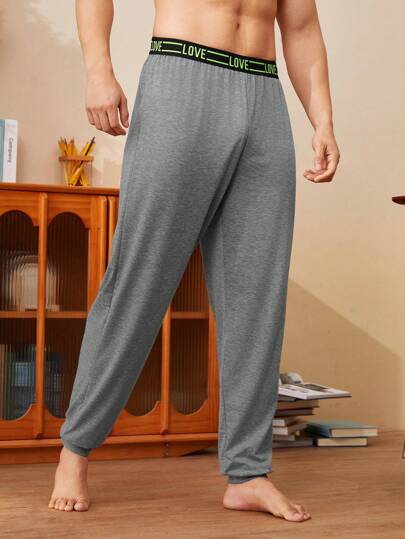 Men's Solid Color Patchwork Letter Print Casual Lounge Pants, For Fall