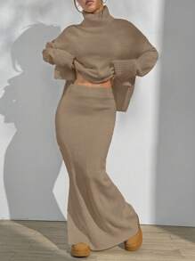 Flirla Set da 2 pezzi di maglione casual in maglia a collo alto con maniche lunghe e gonna midi con orlo spaccato
