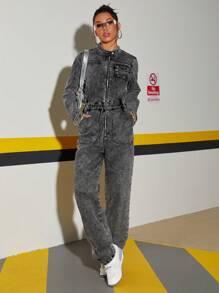 SHEIN ICON Women's Autumn Casual Zip Up Waist Fitted Denim Jumpsuit, For Outdoor & Daily Wear