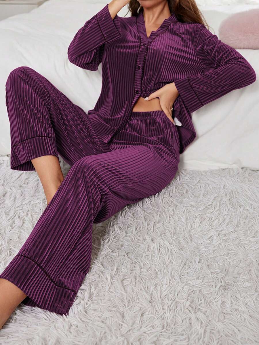 Women Plush Velvet Top And Pants Pajama Set , Fall Winter Clothes - Purple - View 1