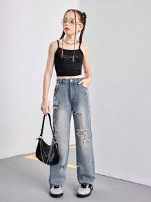 Girls Loose Washed Denim Wide Leg Jeans With Cute Silver Butterfly Decor, Versatile All-Match Casual Fashion Item For All Year Round - Medium Wash - View 2