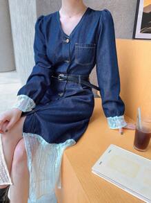 DAZY Women Lace Patchwork Front Button Long Sleeve Casual Denim Dress, Everyday Wear,Fall Clothes