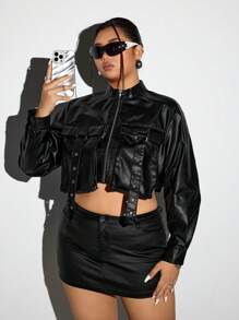 SHEIN ICON Plus Size Women Solid Color Eyelets & Ribbon Decor Cropped Casual PU Jacket For Autumn - Black - View 4