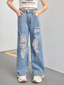 Girls Y2K Light Wash Distressed Loose Flare Jeans - Light Wash - View 7