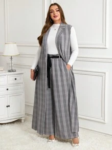 SHEIN Clasi Plus Size Women Plaid Lapel Sleeveless Long Jacket And Wide Leg Pants Casual Suit Set, Autumn