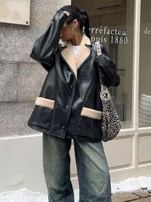 SHEIN EZwear 女士休闲拼色毛绒夹克秋冬款 - 黑色 - 查看 4