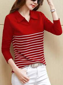 INAWLY 女士条纹印花翻领优雅长袖衬衫 - 紅色 - 查看 3