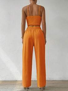 Chiquease 2 件套女士套装罩杯形吊带上衣和直筒裤，带蝴蝶结松紧腰带，适合度假 - 橘色 - 查看 2