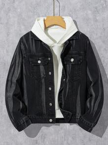 SHEIN Tween Boy Fashion Casual Design Sense Tie Flower Wash Water Black Comfortable Denim Lapel Long-Sleeved Jacket Coat Boys Cool Outfit/Boys Thanksgiving Outfit For Boys Costume Dailywear And Fall/Winter Kids Clothes