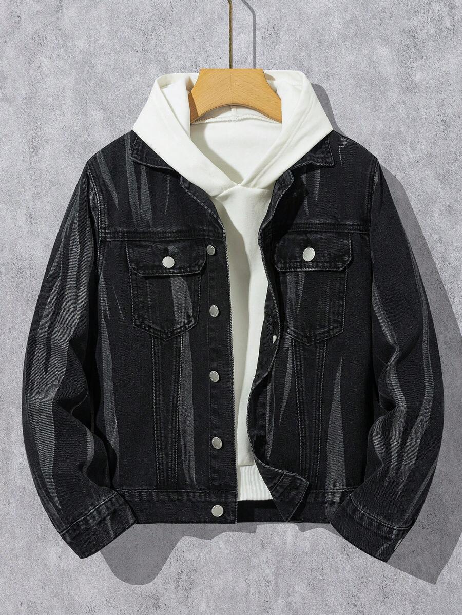 SHEIN Tween Boy Fashion Casual Design Sense Tie Flower Wash Water Black Comfortable Denim Lapel Long-Sleeved Jacket Coat Boys Cool Outfit/Boys Thanksgiving Outfit For Boys Costume Dailywear And Fall/Winter Kids Clothes