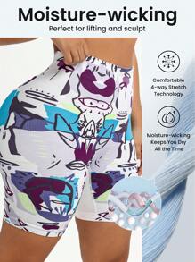 Easithlete Plus Size High Waist Tummy Control Printed Sports Shorts Spandex Short - Multicolor - View 1