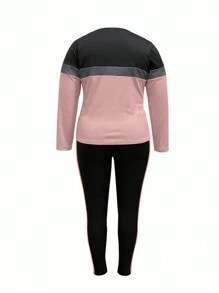 EMERY ROSE 2pcs/Set Plus Size Women Casual Sports Color Block Long Sleeve T-Shirt And Drawstring Waist Skinny Pants Outfit, Spring/Autumn Fall Cloth For Women - Multicolor - View 2