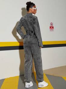 SHEIN ICON Women's Autumn Casual Zip Up Waist Fitted Denim Jumpsuit, For Outdoor & Daily Wear