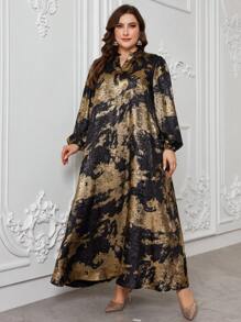 Al Najma Vestido de manga larga con estampado de grabado en caliente en estilo árabe, vestido largo modesto y casual tipo jalabiya, para fiestas de noche/invitado de boda/aniversario en talla grande - Multicolor - Ver 6