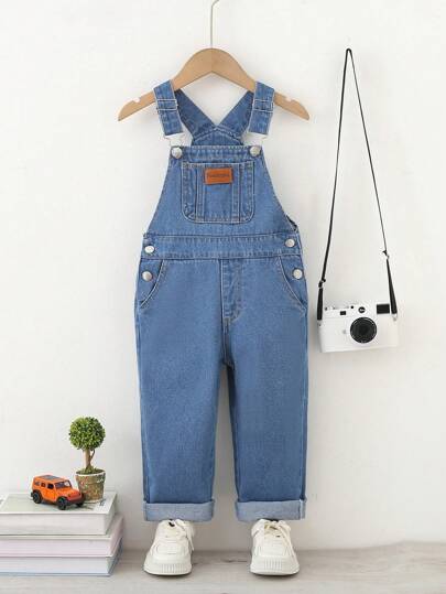 Spodnie ogrodniczki jeansowe dla chłopców w stylu casual vintage z naszywką z literami