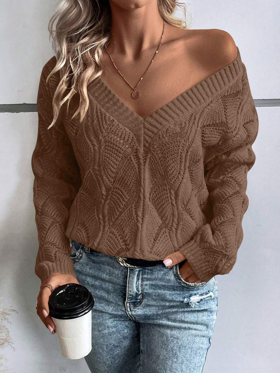 EMERY ROSE Solid Color V-Neck Casual Pullover Long Sleeve Sweater Knit Pullover Fall Winter - Chocolate Brown - View 1