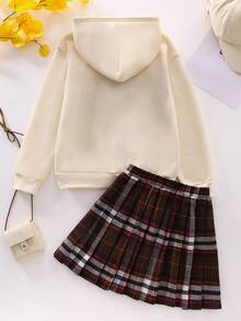 Tween Girls 2pcs Set - Contrast Color Print Hoodie Sweatshirt & Pleated Academy Style Skirt Fall Winter