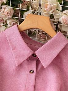 SHEIN LUNE 大码女式单排扣长袖休闲衬衫，适合通勤，秋季 - 粉色 - 查看 5