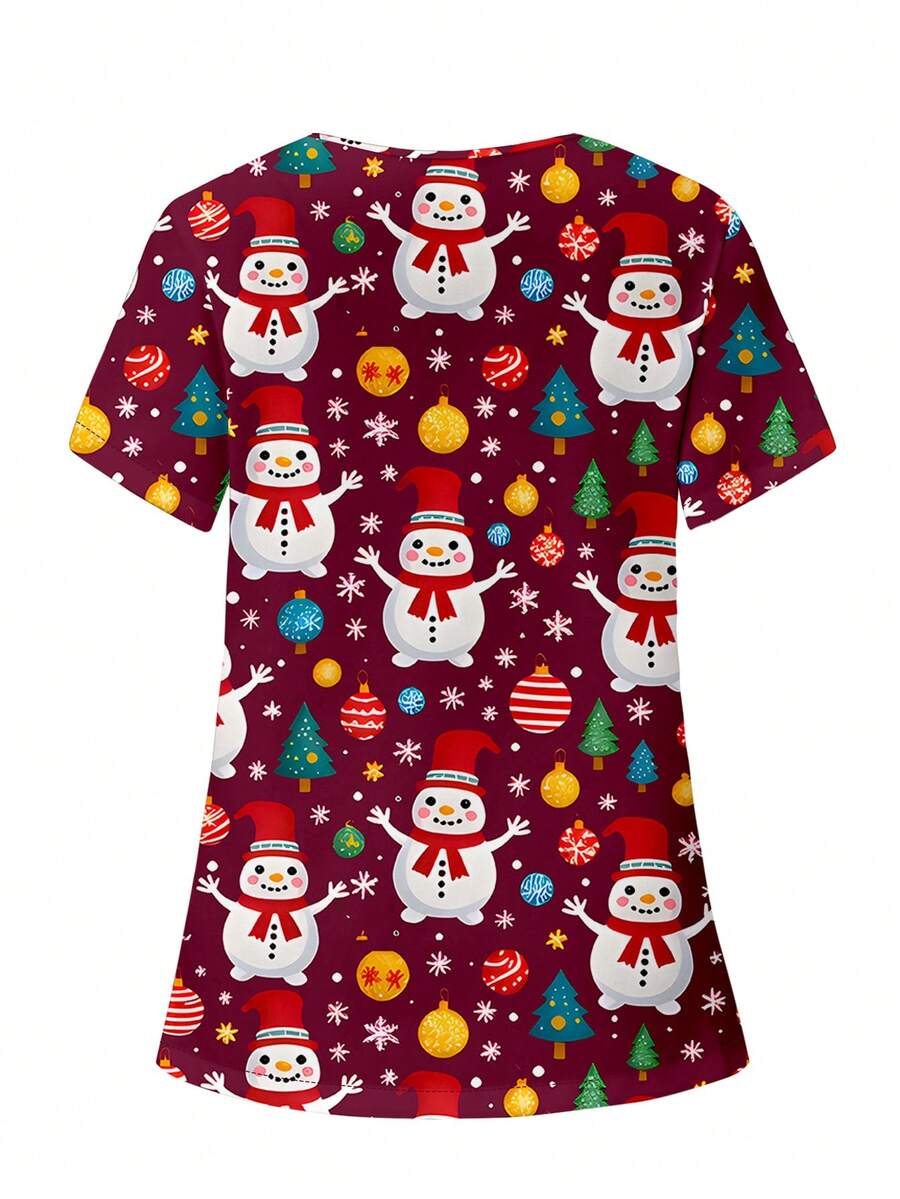 SHEIN TaskFit Cute Cartoon Snowman Print Plus Size VNeck Short Sleeve