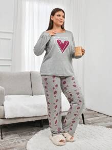 Loomlin 2Pcs Plus Size Cotton Heart Printed PJ Set - Grey - View 5
