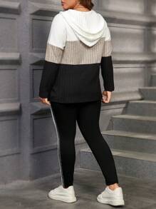 SHEIN LUNE 2pcs Plus Size Solid Color Contrast Zip-Up Hoodie Top And Pants Casual Set Winter Clothes