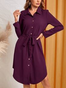 EMERY ROSE Váy sơ mi thường ngày đơn hàng khuy dài tay màu trơn cho nữ, mùa thu - Màu tím  Violet - Xem 5