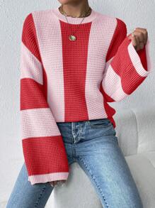 Calvaya Suéter de mujer informal con cuello redondo, contraste de color, hombro caído y manga acampanada, para otoño/invierno