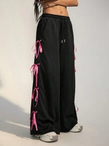 SHEIN EZwear Women's Fall Winter Y2K Street Wear Bow Detail Knot Tie Black Sweatpants