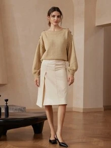 Femmeiva 1pc Women Metal Button Decor Knitted Pullover Sweater, Autumn, Fall Winter - Khaki - View 2