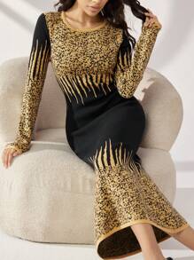 Modelyn Women Elegant Gold Trim Pattern Waisted Mermaid Hem Sweater Dress - Black - View 5