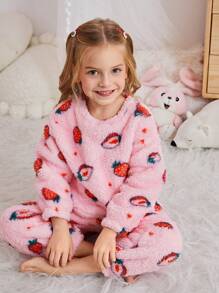 SHEIN 2 件装少女草莓图案圆领长袖柔软舒适毛绒睡衣套装（含长裤），秋冬款 - 粉色 - 查看 3