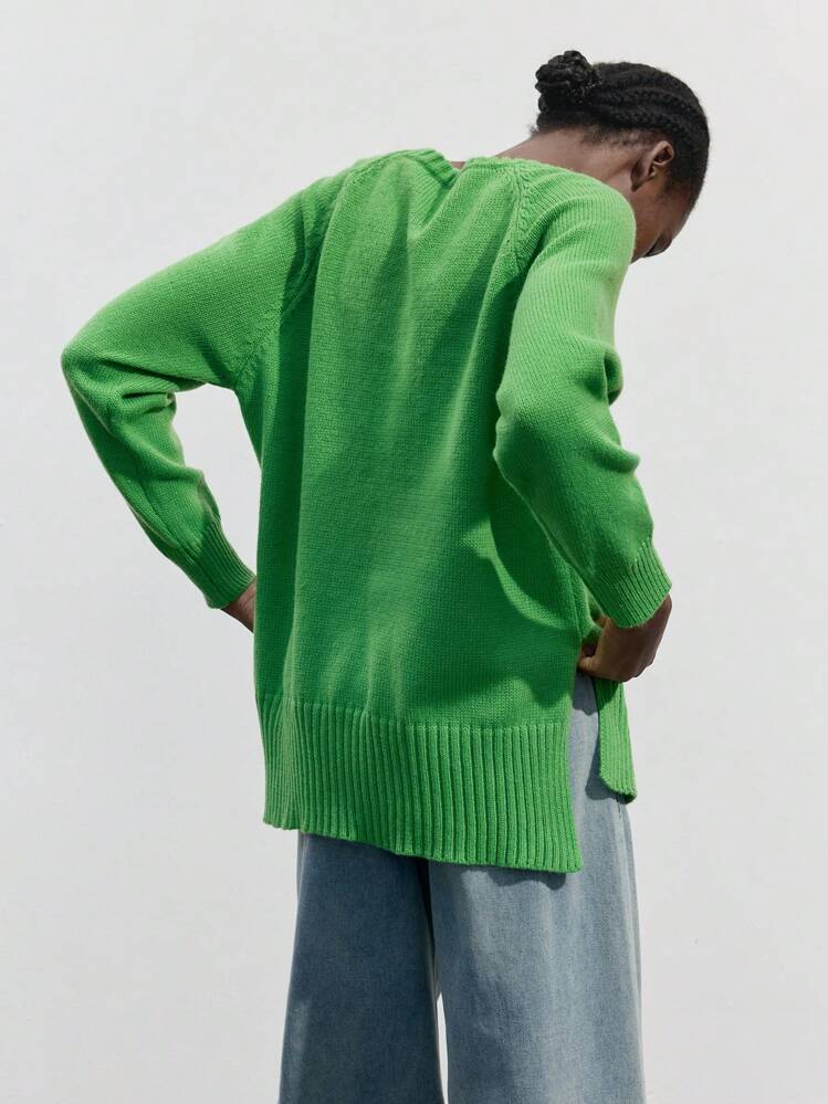 SHEIN Maija Women Casual Solid Color Side Slit Raglan Sleeve Sweater For Autumn/Winter - Green - View 7