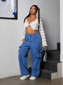 SHEIN ICON Plus Size Women Cargo Pocket Straight Leg Casual Jeans