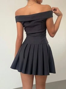 Aloruh 2 件套女士纯色双排扣露肩上衣和褶皱迷你裙休闲套装