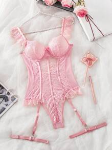 PetitDoll 3pcs Contrast Lace Solid Pink Sexy Lingerie Set, Going Out - Pink - View 6