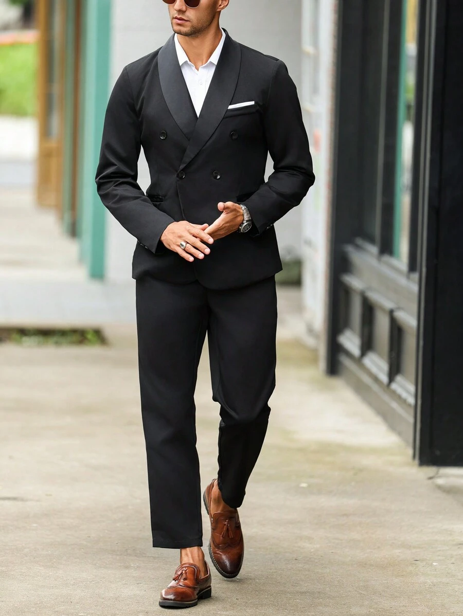 Manfinity Mode Conjunto de camisa de manga larga de un solo color con botones y pantalones casuales para hombres