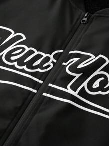 Manfinity Campus Court 男士休闲前拉链字母图案长袖飞行员夹克，外出黑色长袖夹克，送给朋友、丈夫、男友的礼物，适合秋冬季节，朋克风，保暖内衬夹克 - 黑色 - 查看 8