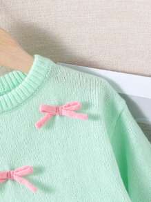 Young Girl' Knitted Sweater, Green And Pink With Bow Design, Round Neck, Soft And Warm Fabric, Suitable For Casual Wear, Outings, School And Gifting In Autumn/Winter