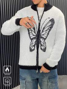Manfinity EMRG Men's Butterfly Pattern Contrast Color Long Sleeve Casual Cardigan, Autumn/Winter