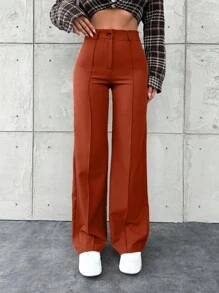 EURMUSE Women's Solid Color Front Button Simple Casual Suit Pants - Rose Red - View 5